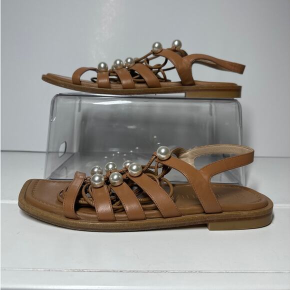 Stuart Weitzman Goldie Lace Up Pearly Leather Ankle-Tie Flat Sandals Tan Size 8 - Picture 5 of 13